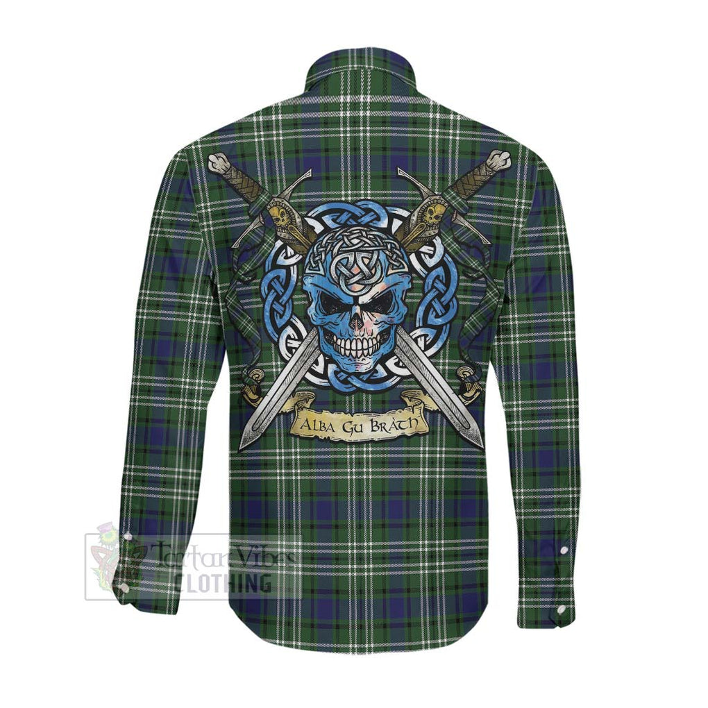 Blyth Tartan Long Sleeve Button Shirt with Family Crest Celtic Skull Style Men's Shirt - Tartan Vibes Clothing
