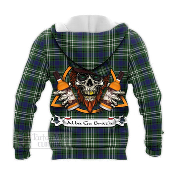 Blyth Tartan Knitted Hoodie with Family Crest and Bearded Skull Holding Bottles of Whiskey - Tartan Vibes Clothing
