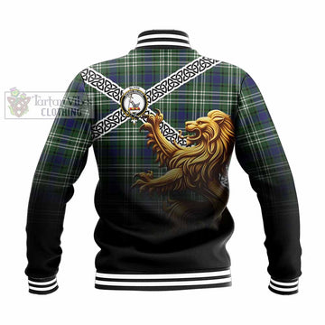Tartan Vibes Clothing Blyth Crest Tartan Baseball Jacket with Golden Lion Emblem Celtic Style