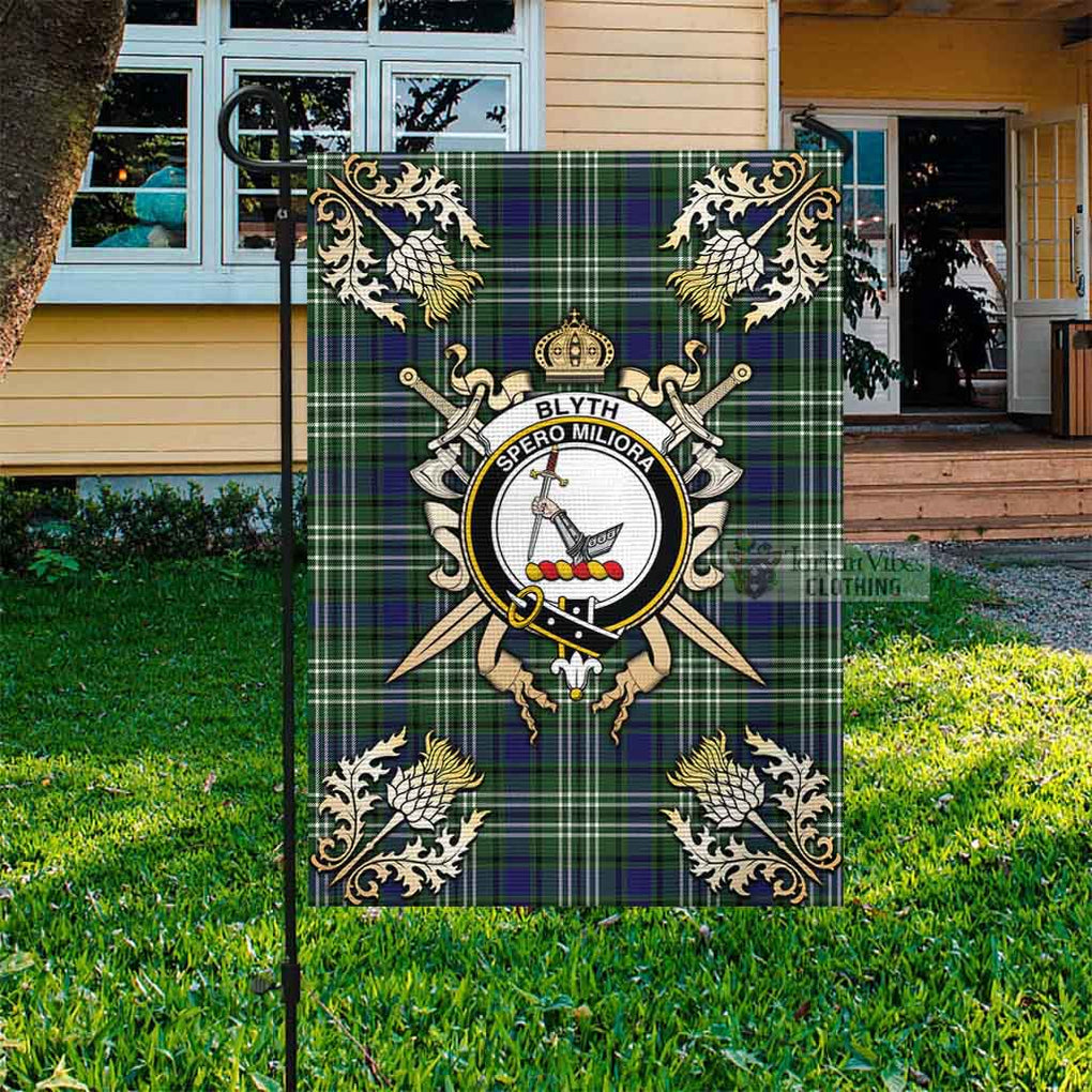 Tartan Vibes Clothing Blyth Tartan Flag with Family Crest and Golden Thistle Crossed Sword Design