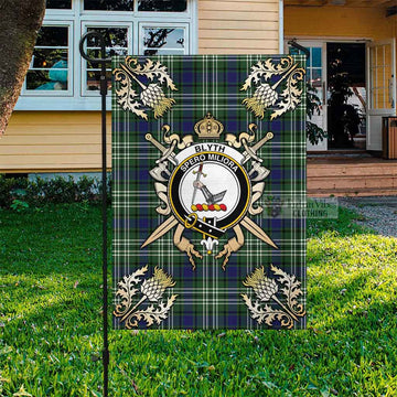 Tartan Vibes Clothing Blyth Tartan Flag with Family Crest and Golden Thistle Crossed Sword Design