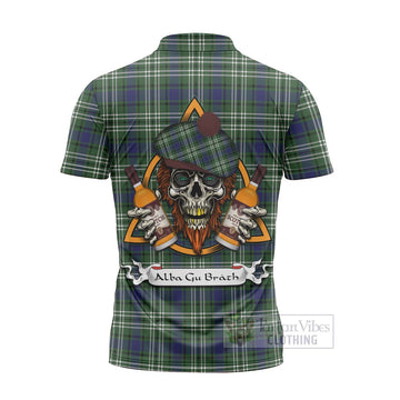 Blyth Tartan Zipper Polo Shirt with Family Crest and Bearded Skull Holding Bottles of Whiskey - Tartan Vibes Clothing