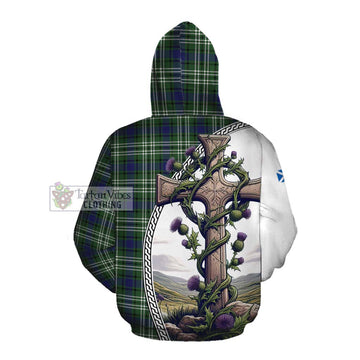 Blyth Tartan Cotton Hoodie with Family Crest and St. Andrew's Cross Accented by Thistle Vines Pullover Hoodie - Tartan Vibes Clothing