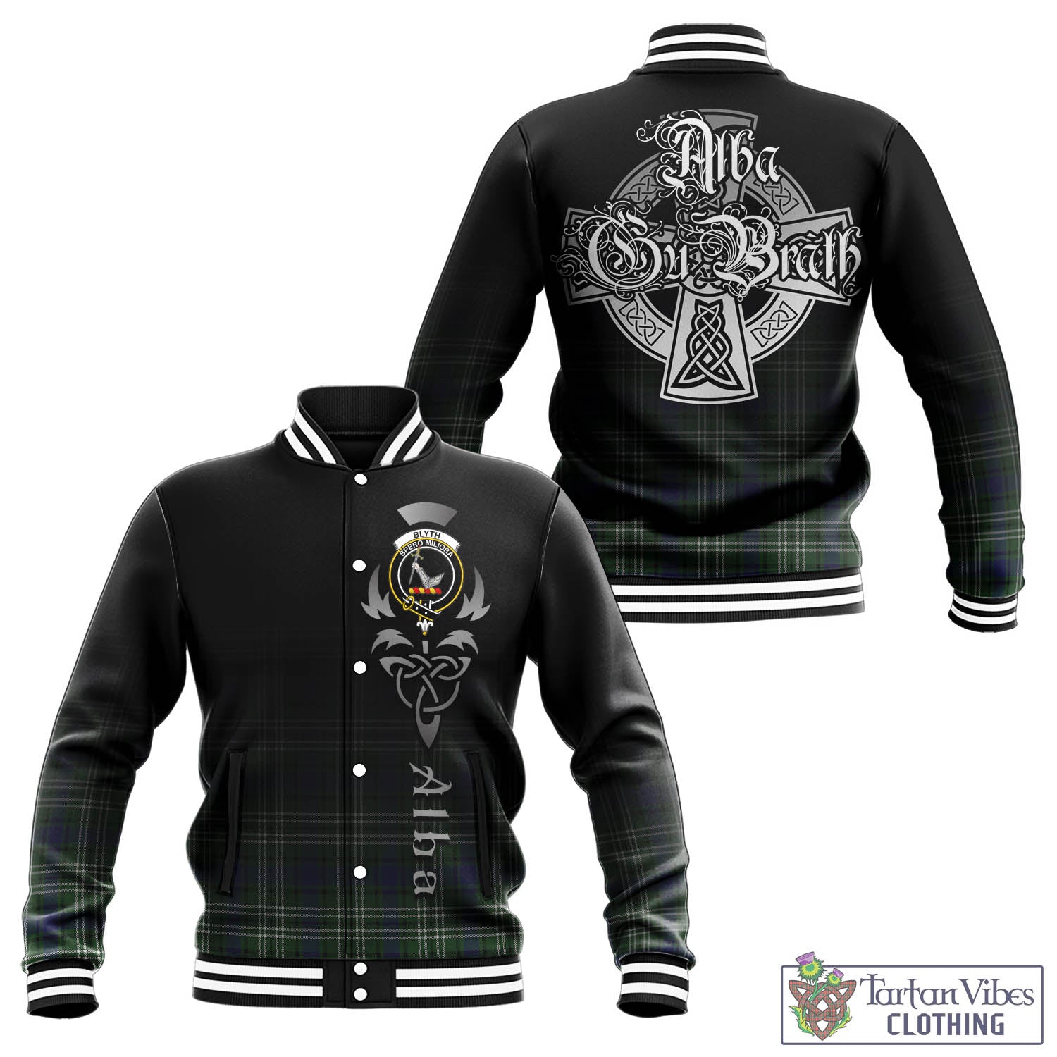 Tartan Vibes Clothing Blyth Tartan Baseball Jacket Featuring Alba Gu Brath Family Crest Celtic Inspired