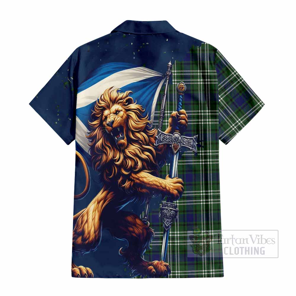 Tartan Vibes Clothing Blyth Tartan Family Crest Short Sleeve Button Shirt with Scottish Majestic Lion