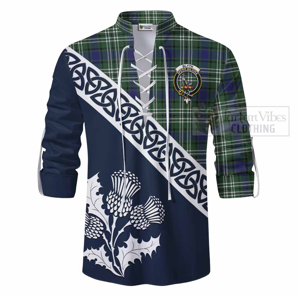 Blyth Tartan Ghillie Kilt Shirt Featuring Thistle and Scotland Map - Tartan Vibes Clothing