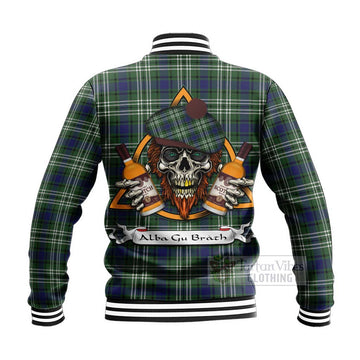 Blyth Tartan Baseball Jacket with Family Crest and Bearded Skull Holding Bottles of Whiskey - Tartan Vibes Clothing