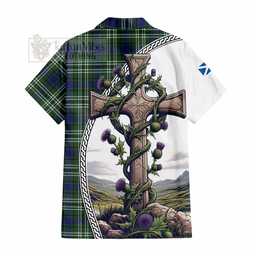Blyth Tartan Hawaiian Shirt with Family Crest and St. Andrew's Cross Accented by Thistle Vines - Tartan Vibes Clothing