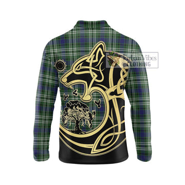 Blyth Tartan Long Sleeve Polo Shirt with Family Crest Celtic Wolf Style - Tartan Vibes Clothing