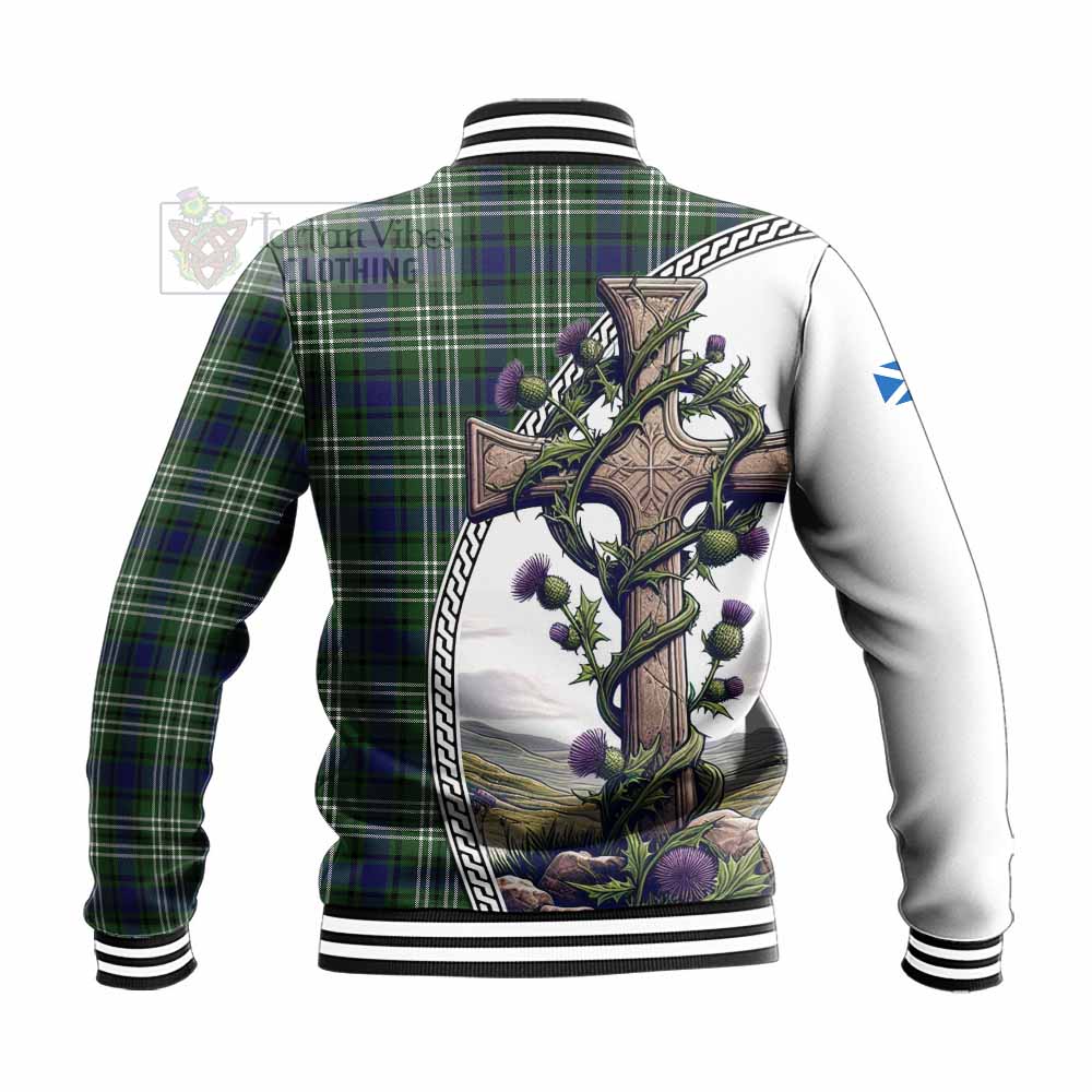 Blyth Tartan Baseball Jacket with Family Crest and St. Andrew's Cross Accented by Thistle Vines - Tartan Vibes Clothing