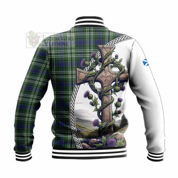 Blyth Tartan Baseball Jacket with Family Crest and St. Andrew's Cross Accented by Thistle Vines - Tartan Vibes Clothing