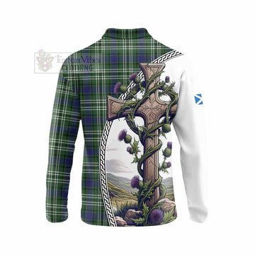 Blyth Tartan Long Sleeve Polo Shirt with Family Crest and St. Andrew's Cross Accented by Thistle Vines - Tartan Vibes Clothing