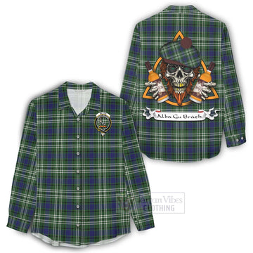 Blyth Tartan Women's Casual Shirt with Family Crest and Bearded Skull Holding Bottles of Whiskey - Tartan Vibes Clothing