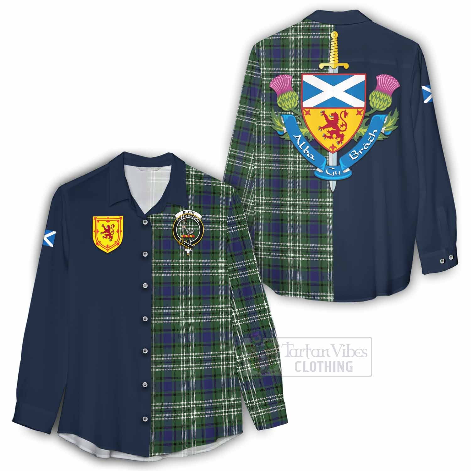 Blyth Tartan Women's Casual Shirt Alba with Scottish Lion Royal Arm Half Style - Tartan Vibes Clothing
