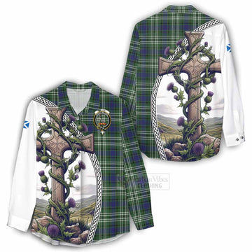 Blyth Tartan Women's Casual Shirt with Family Crest and St. Andrew's Cross Accented by Thistle Vines - Tartan Vibes Clothing