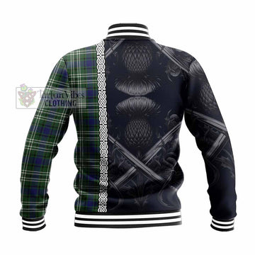 Blyth Tartan Baseball Jacket with Family Crest Cross Sword Thistle Celtic Vibes - Tartan Vibes Clothing