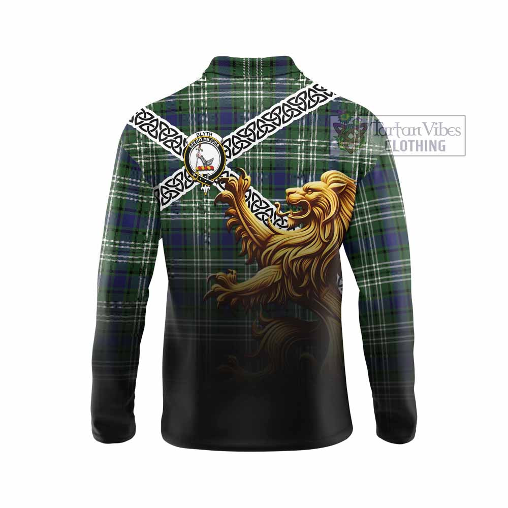 Blyth Crest Tartan Long Sleeve Polo Shirt with Golden Lion Emblem Celtic Style - Tartan Vibes Clothing