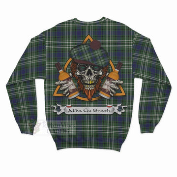 Blyth Tartan Sweatshirt with Family Crest and Bearded Skull Holding Bottles of Whiskey - Tartan Vibes Clothing