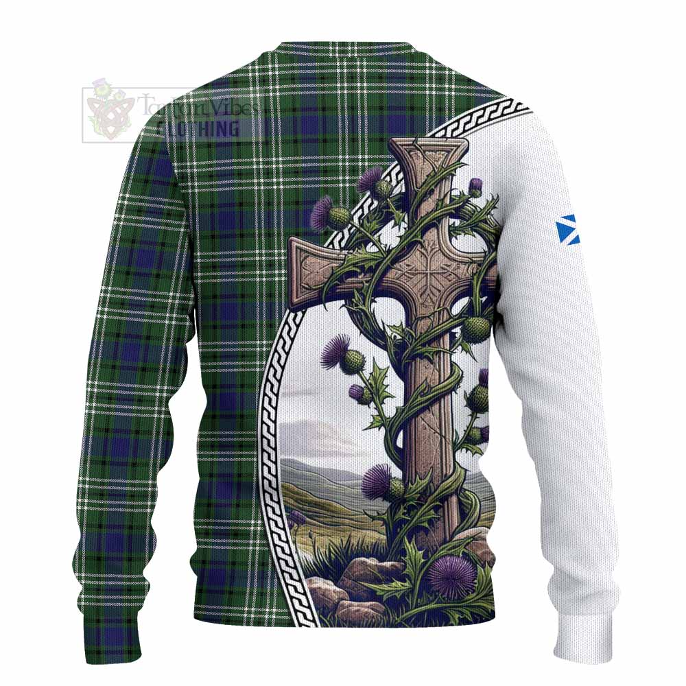 Blyth Tartan Knitted Sweater with Family Crest and St. Andrew's Cross Accented by Thistle Vines - Tartan Vibes Clothing
