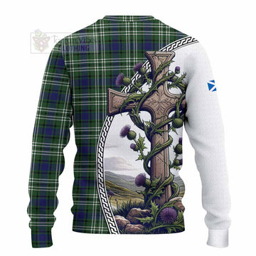 Blyth Tartan Knitted Sweater with Family Crest and St. Andrew's Cross Accented by Thistle Vines - Tartan Vibes Clothing