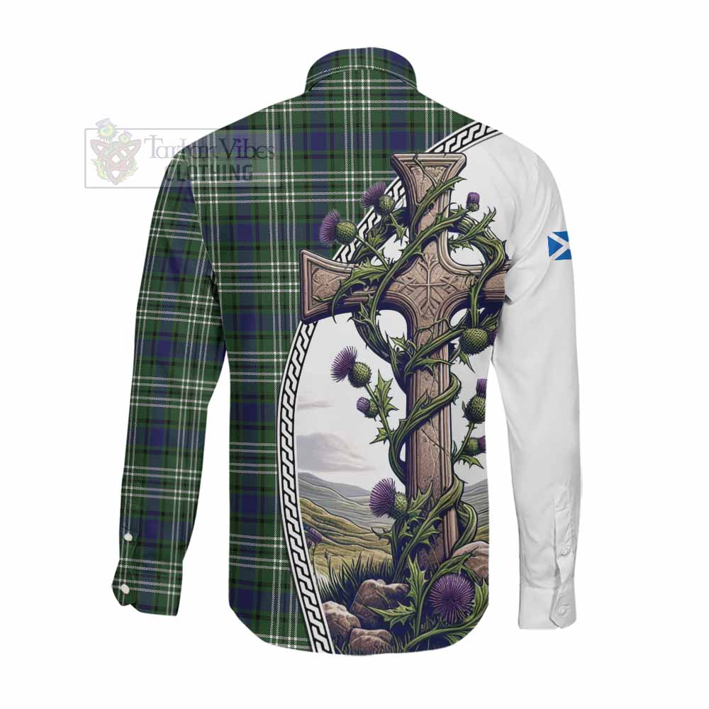 Blyth Tartan Long Sleeve Button Shirt with Family Crest and St. Andrew's Cross Accented by Thistle Vines Men's Shirt - Tartan Vibes Clothing