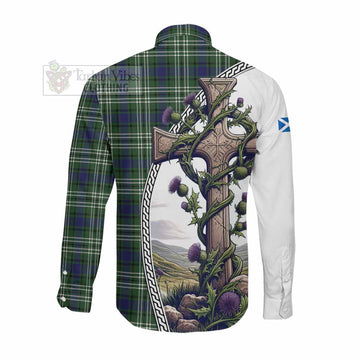 Blyth Tartan Long Sleeve Button Shirt with Family Crest and St. Andrew's Cross Accented by Thistle Vines Men's Shirt - Tartan Vibes Clothing