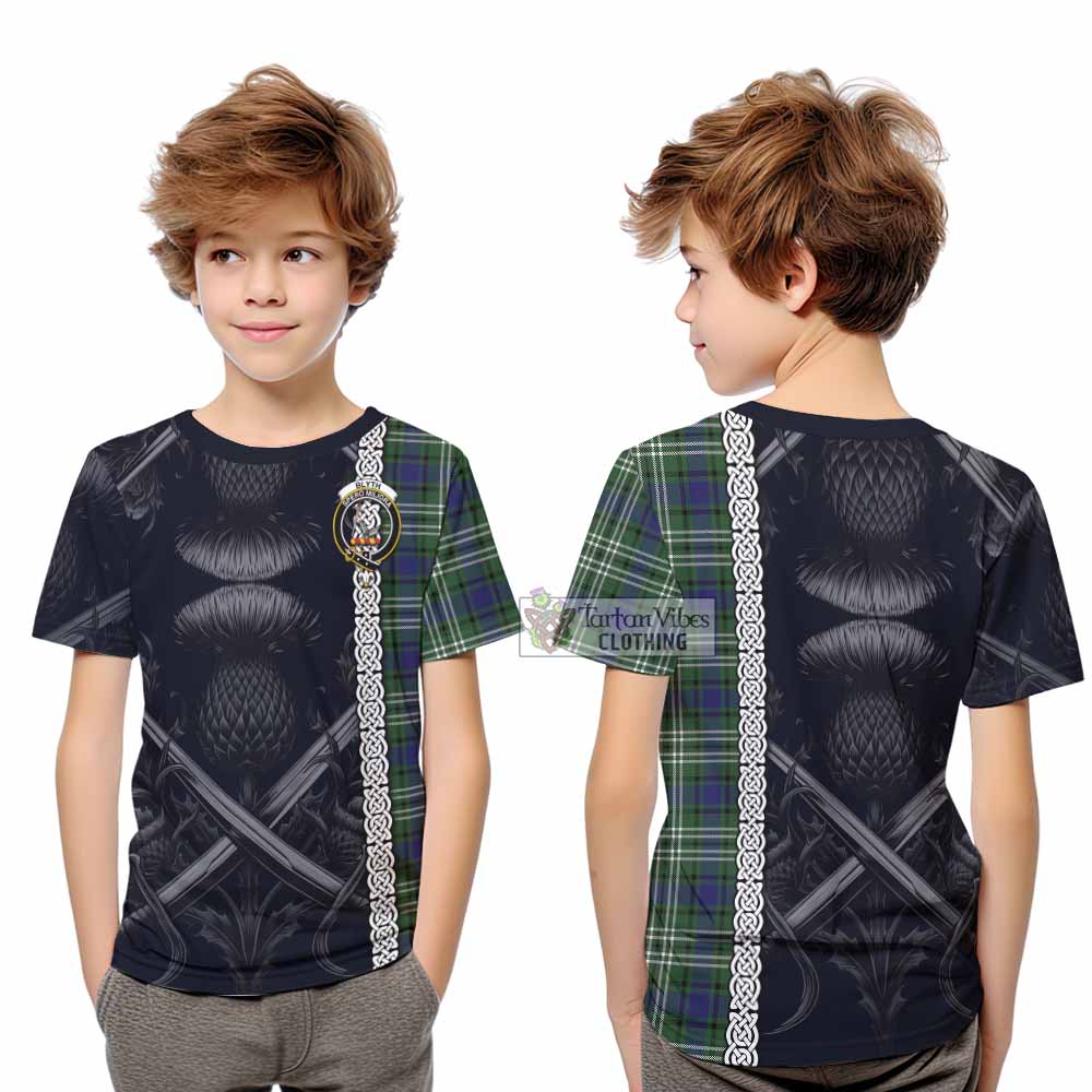 Blyth Tartan Kid T-Shirt with Family Crest Cross Sword Thistle Celtic Vibes - Tartan Vibes Clothing