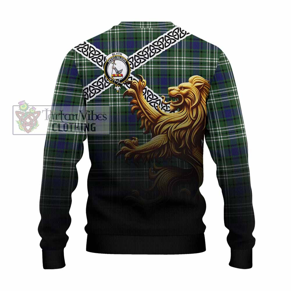 Blyth Crest Tartan Knitted Sweater with Golden Lion Emblem Celtic Style - Tartan Vibes Clothing