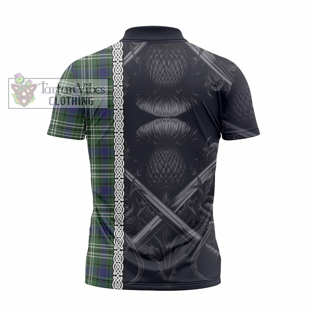 Blyth Tartan Zipper Polo Shirt with Family Crest Cross Sword Thistle Celtic Vibes - Tartan Vibes Clothing