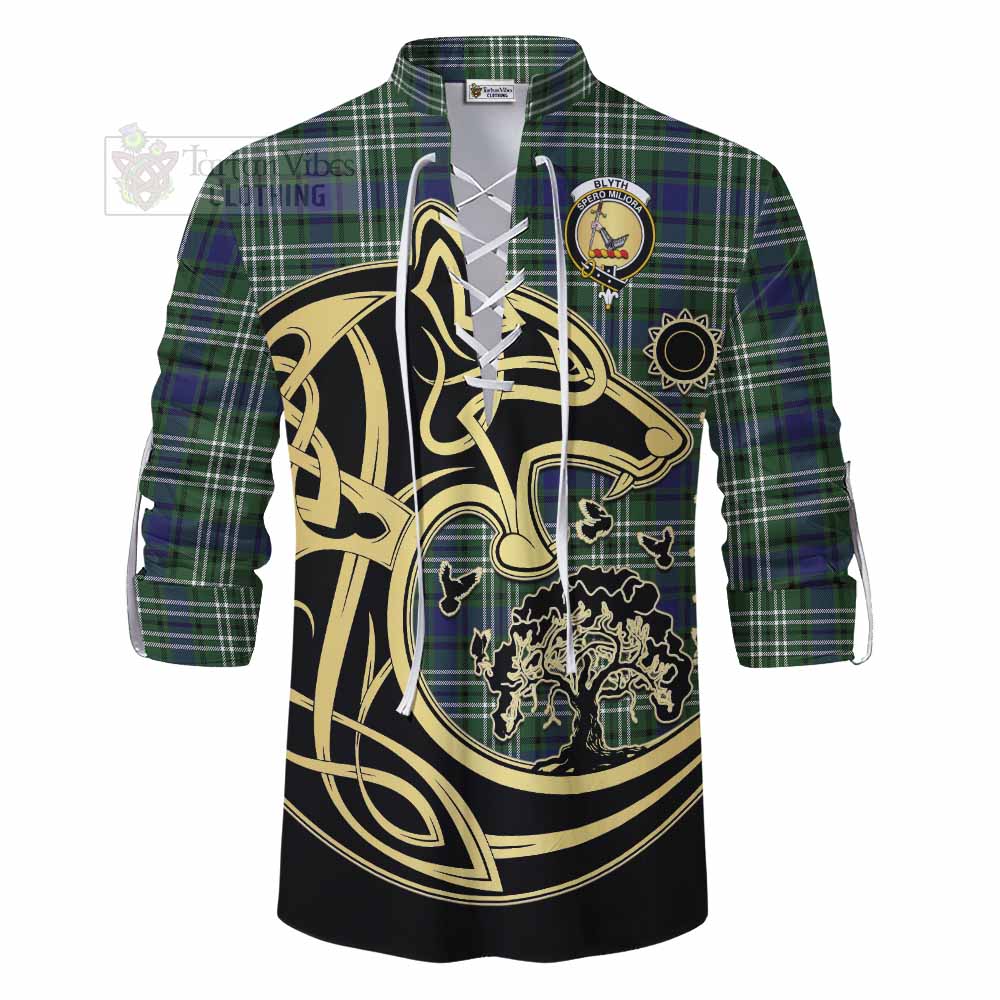 Blyth Tartan Ghillie Kilt Shirt with Family Crest Celtic Wolf Style - Tartan Vibes Clothing