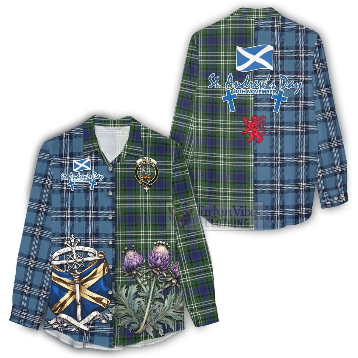 Blyth Tartan Women's Casual Shirt Happy St. Andrew's Day Half Tartan Style - Tartan Vibes Clothing