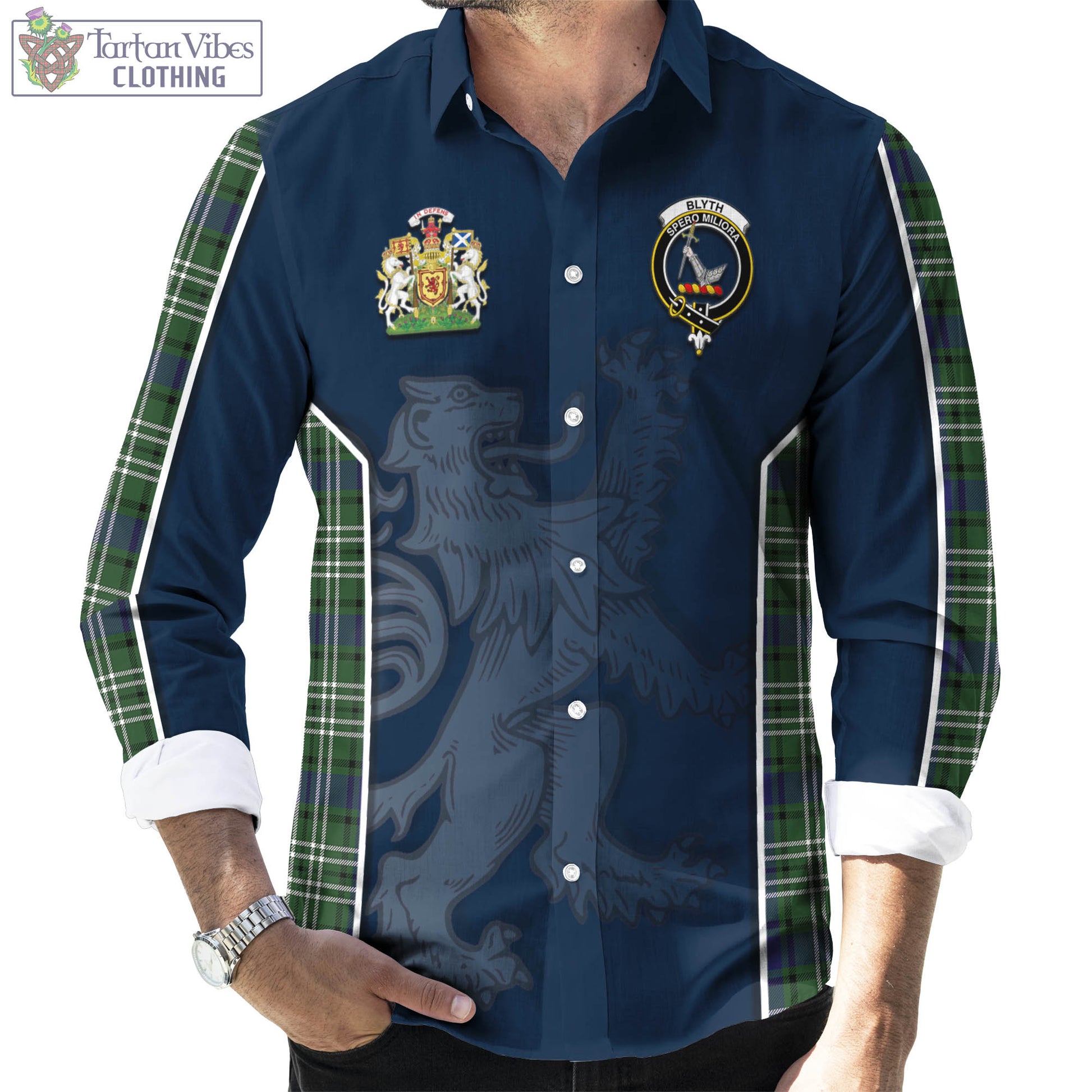 Tartan Vibes Clothing Blyth Tartan Long Sleeve Button Up Shirt with Family Crest and Lion Rampant Vibes Sport Style