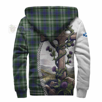 Blyth Tartan Sherpa Hoodie with Family Crest and St. Andrew's Cross Accented by Thistle Vines - Tartan Vibes Clothing