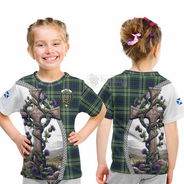 Blyth Tartan Kid T-Shirt with Family Crest and St. Andrew's Cross Accented by Thistle Vines - Tartan Vibes Clothing
