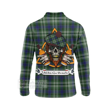 Blyth Tartan Long Sleeve Polo Shirt with Family Crest and Bearded Skull Holding Bottles of Whiskey - Tartan Vibes Clothing