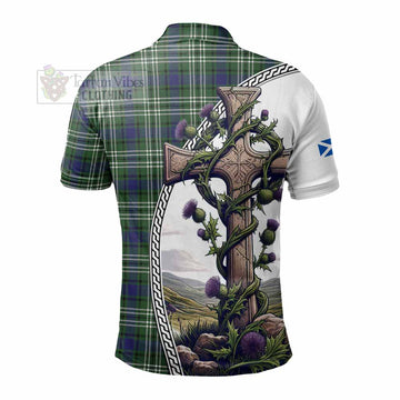 Blyth Tartan Polo Shirt with Family Crest and St. Andrew's Cross Accented by Thistle Vines - Tartan Vibes Clothing