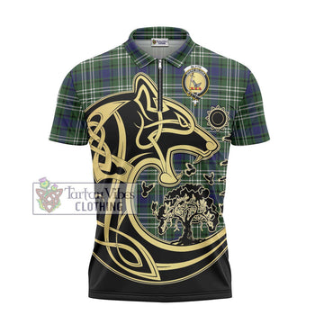 Blyth Tartan Zipper Polo Shirt with Family Crest Celtic Wolf Style - Tartan Vibes Clothing