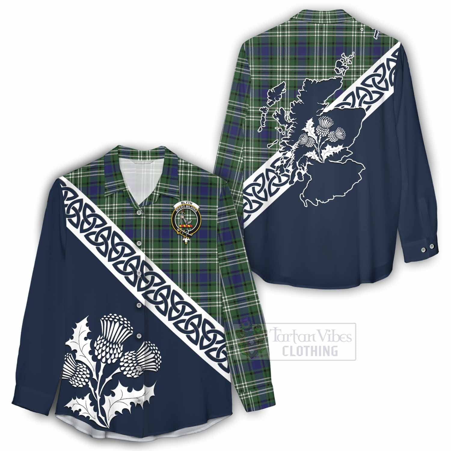 Blyth Tartan Women's Casual Shirt Featuring Thistle and Scotland Map - Tartan Vibes Clothing