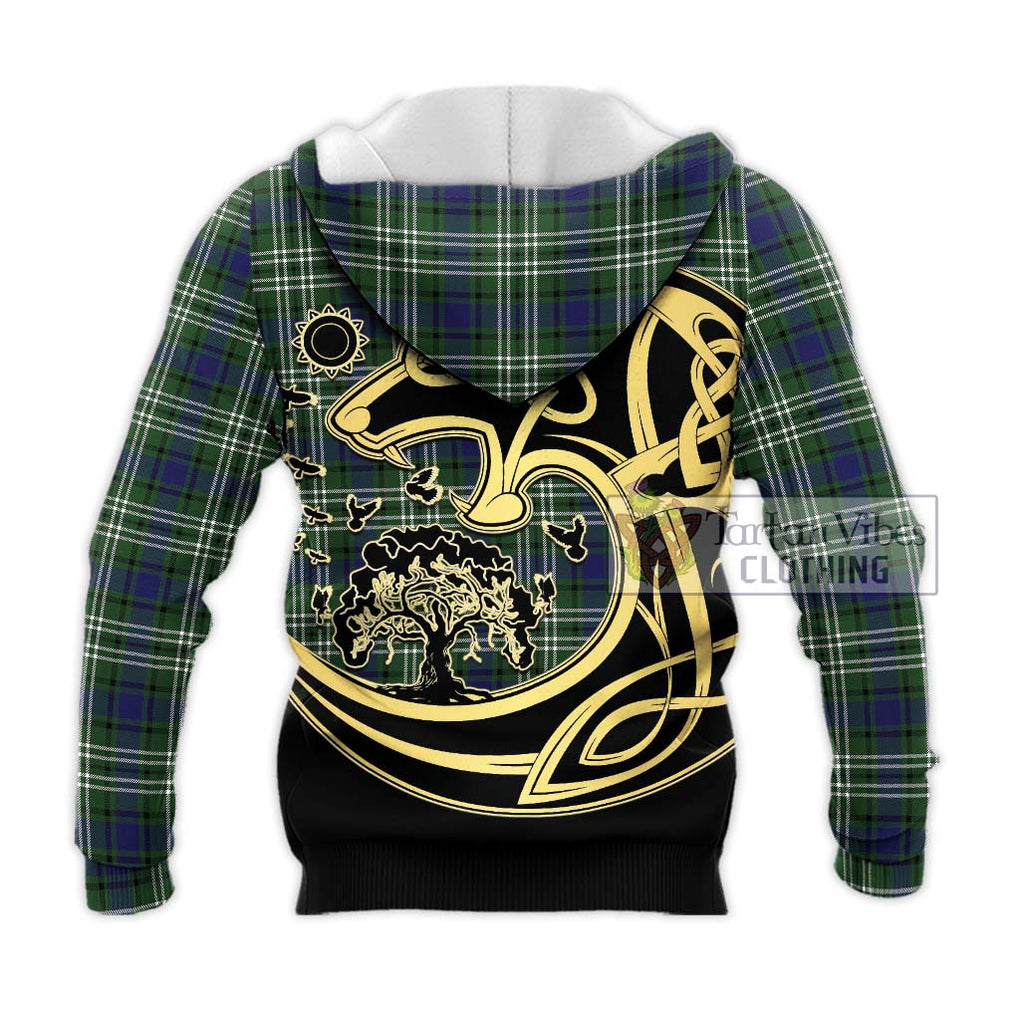 Blyth Tartan Knitted Hoodie with Family Crest Celtic Wolf Style - Tartan Vibes Clothing