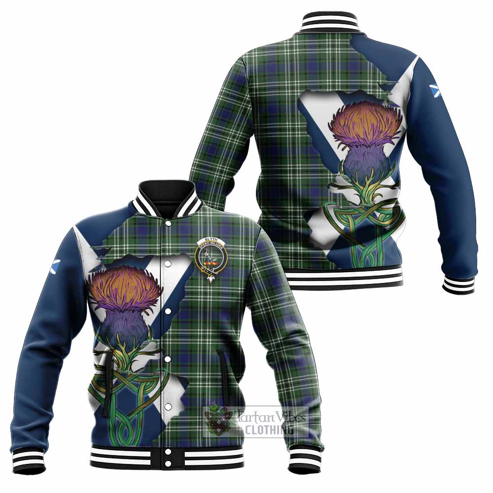 Tartan Vibes Clothing Blyth Tartan Family Crest Baseball Jacket Scottish Thistle Celtic Inspired