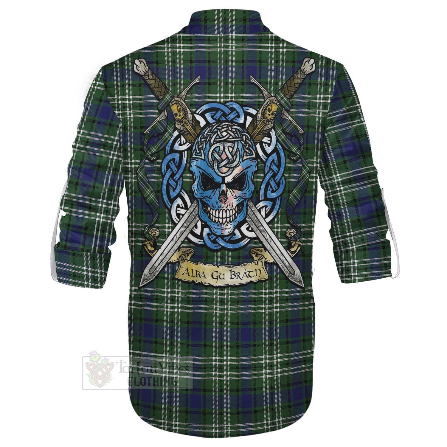 Blyth Tartan Ghillie Kilt Shirt with Family Crest Celtic Skull Style - Tartan Vibes Clothing