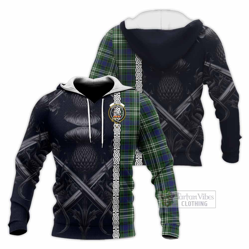 Blyth Tartan Knitted Hoodie with Family Crest Cross Sword Thistle Celtic Vibes - Tartan Vibes Clothing