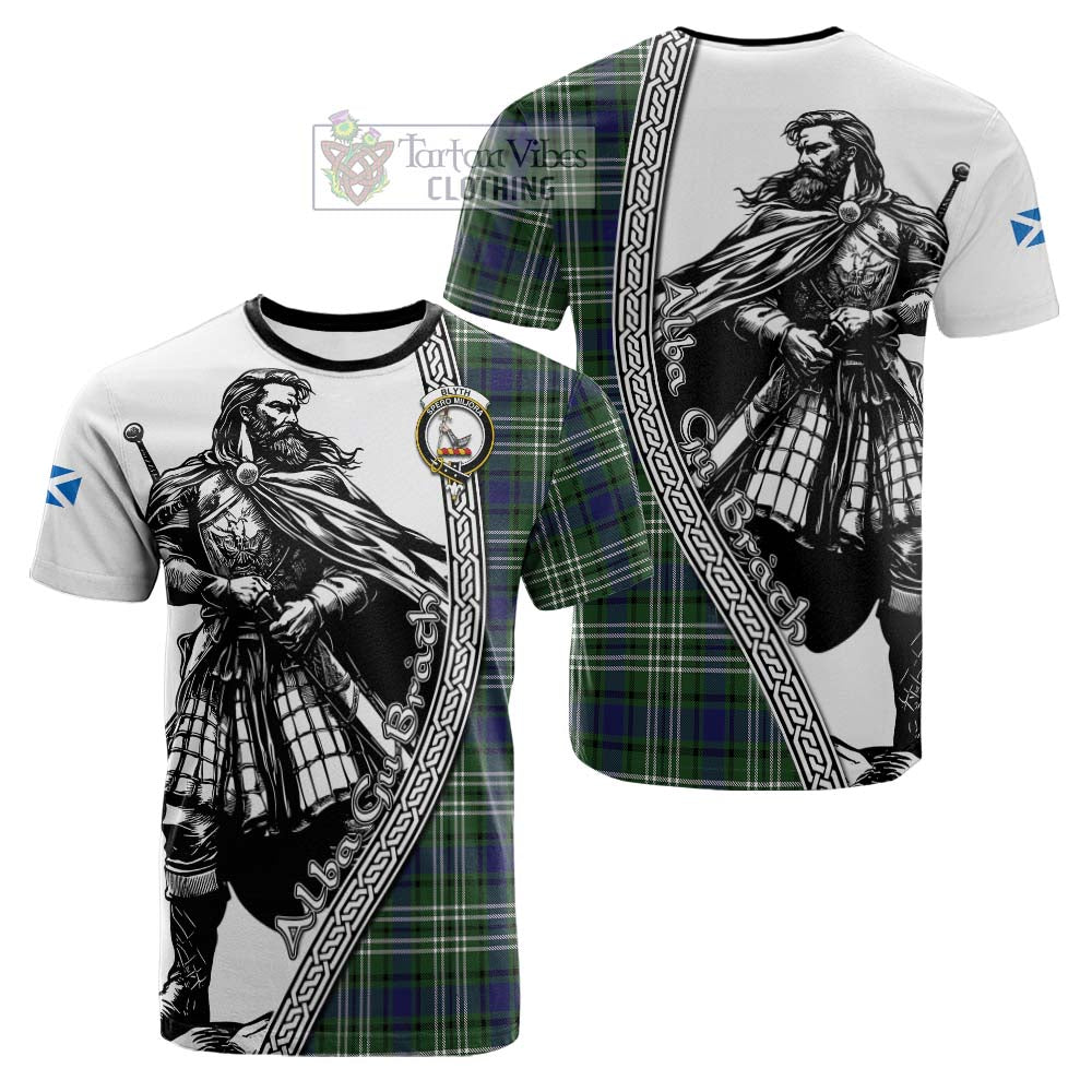 Blyth Tartan Clan Crest Cotton T-shirt with Highlander Warrior Celtic Style - Tartan Vibes Clothing