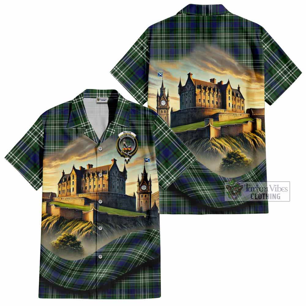 Tartan Vibes Clothing Blyth Tartan Family Crest Short Sleeve Button Shirt with Scottish Ancient Castle Style