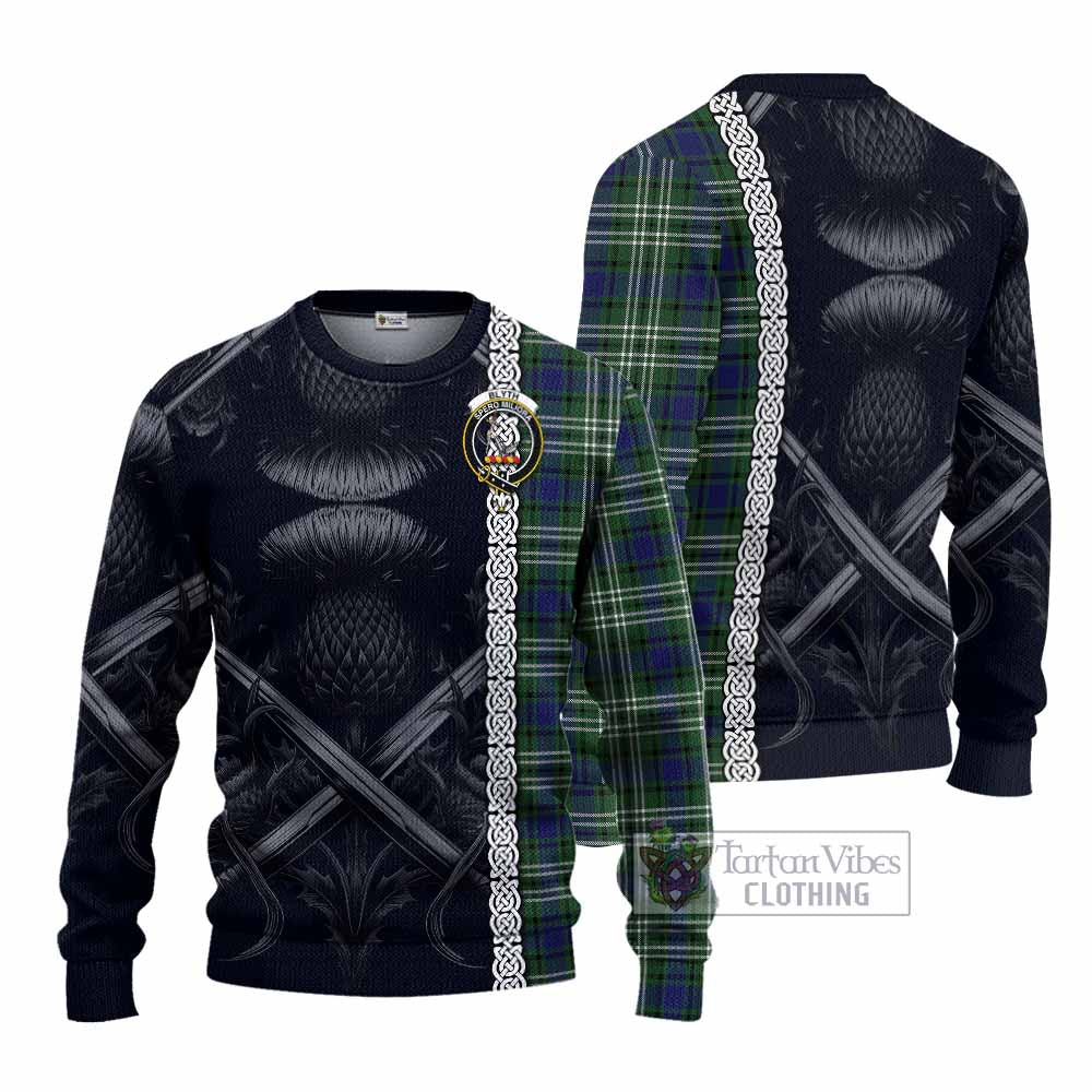 Blyth Tartan Knitted Sweater with Family Crest Cross Sword Thistle Celtic Vibes - Tartan Vibes Clothing