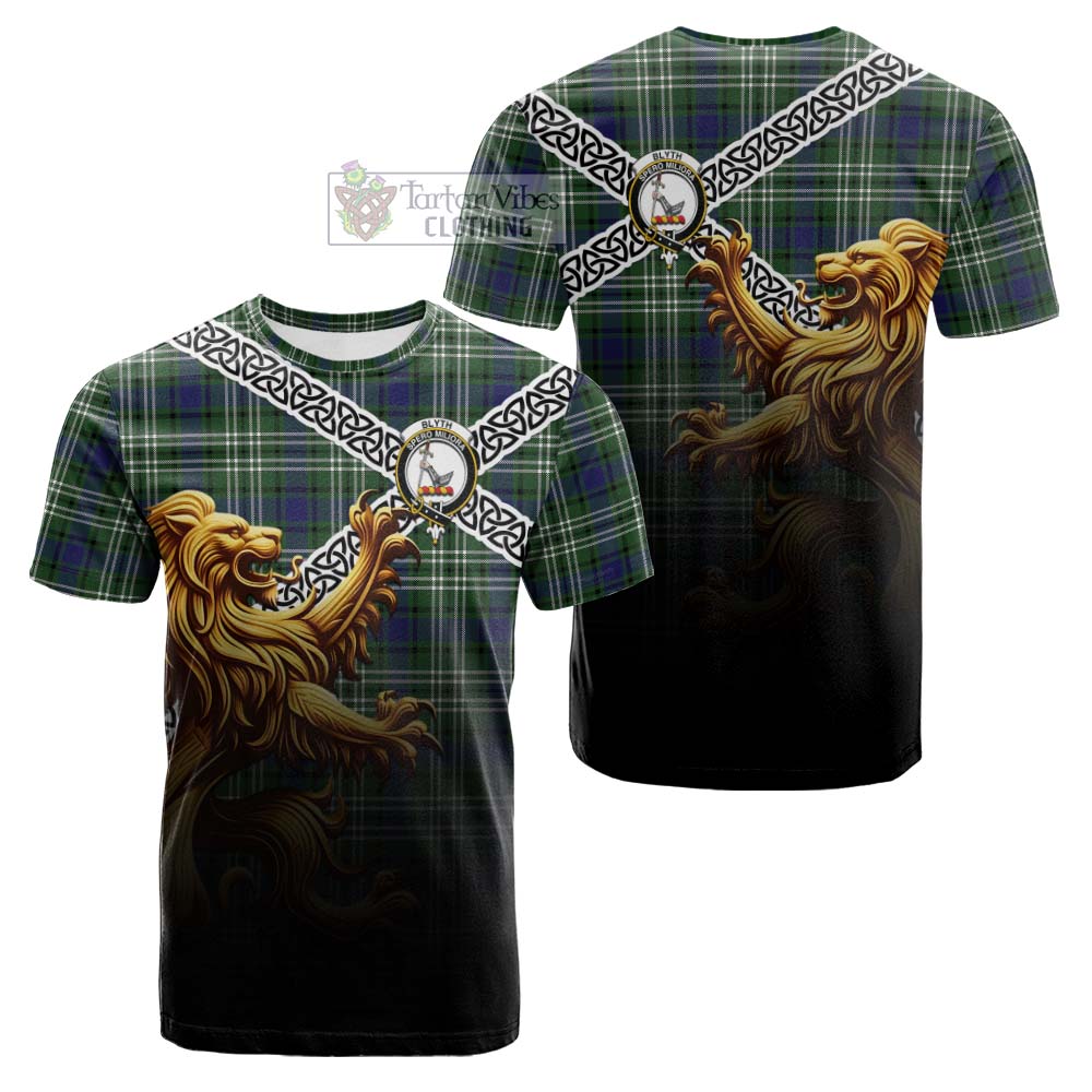 Blyth Crest Tartan Cotton T-shirt with Golden Lion Emblem Celtic Style - Tartan Vibes Clothing