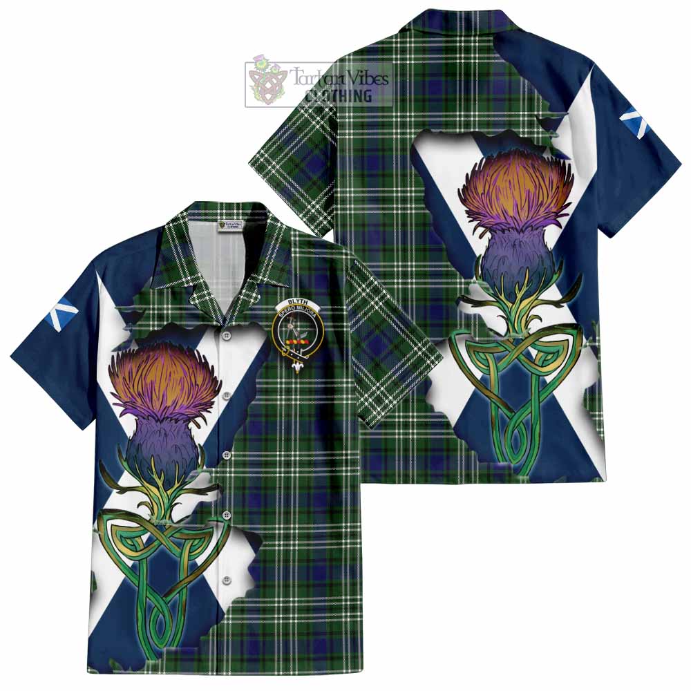 Tartan Vibes Clothing Blyth Tartan Family Crest Short Sleeve Button Shirt Scottish Thistle Celtic Inspired