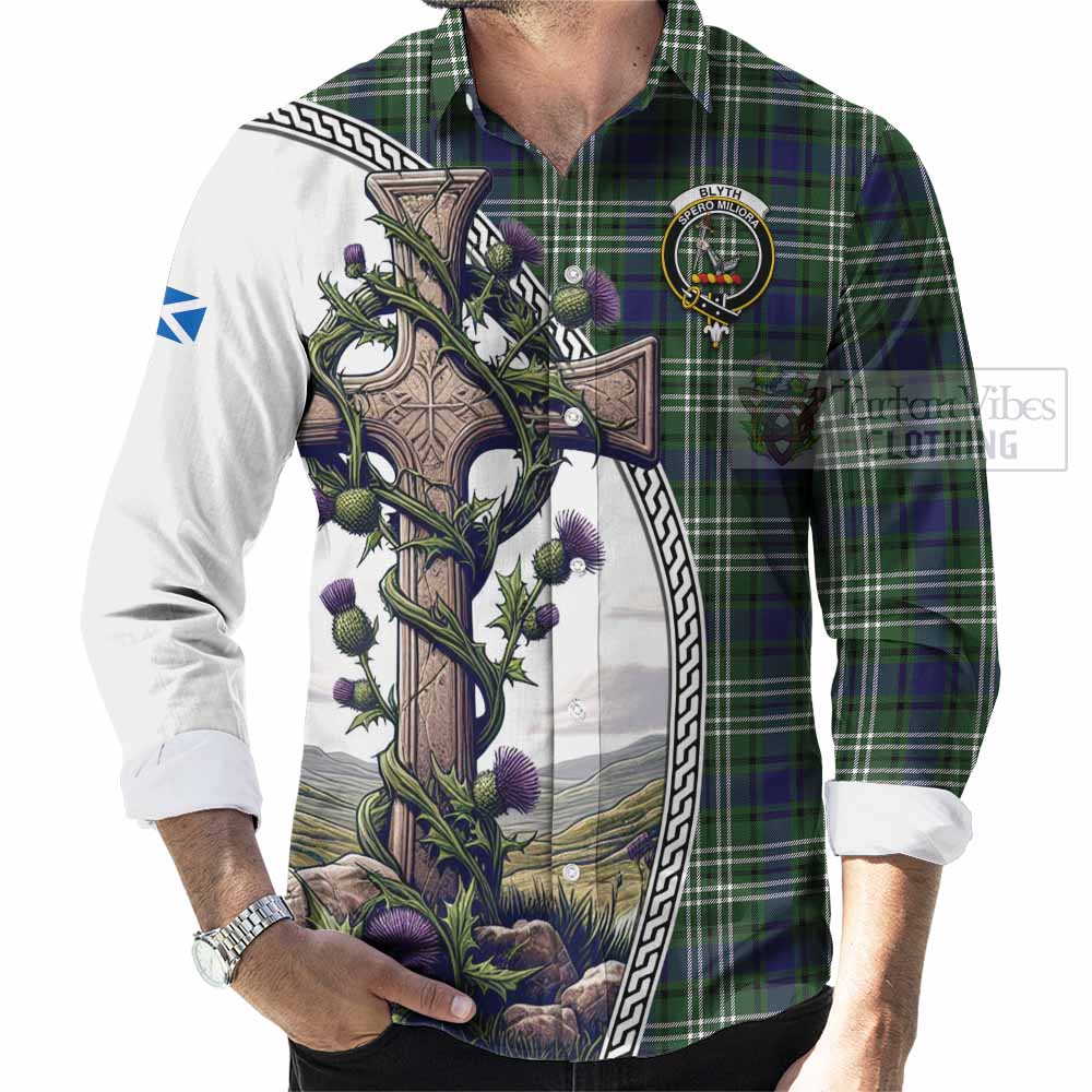 Blyth Tartan Long Sleeve Button Shirt with Family Crest and St. Andrew's Cross Accented by Thistle Vines - Tartan Vibes Clothing