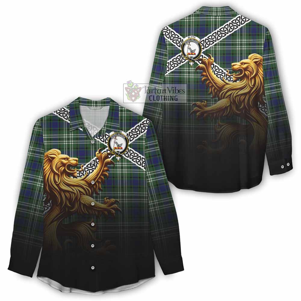 Blyth Crest Tartan Women's Casual Shirt with Golden Lion Emblem Celtic Style - Tartan Vibes Clothing