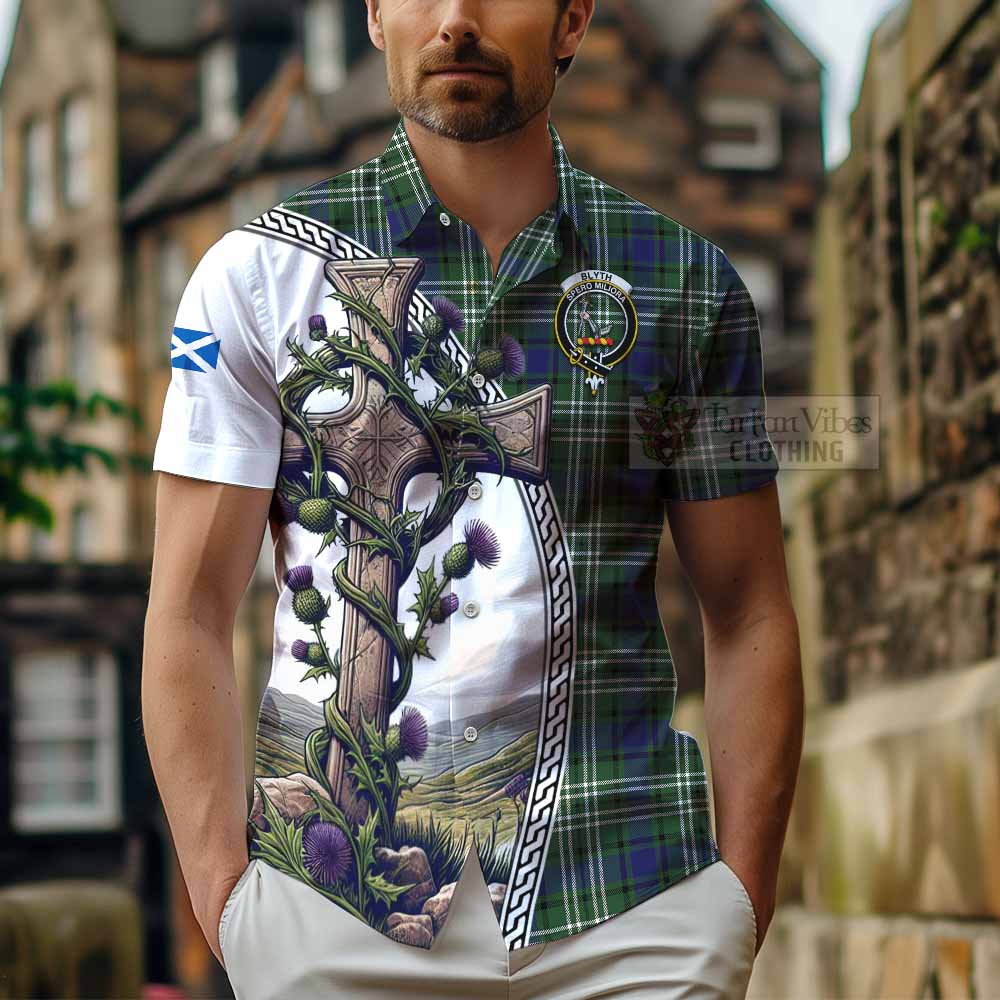 Blyth Tartan Hawaiian Shirt with Family Crest and St. Andrew's Cross Accented by Thistle Vines - Tartan Vibes Clothing